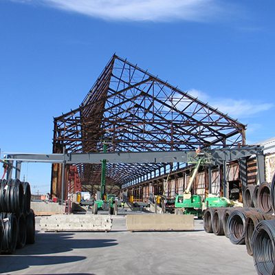 a construction site with a large metal structure